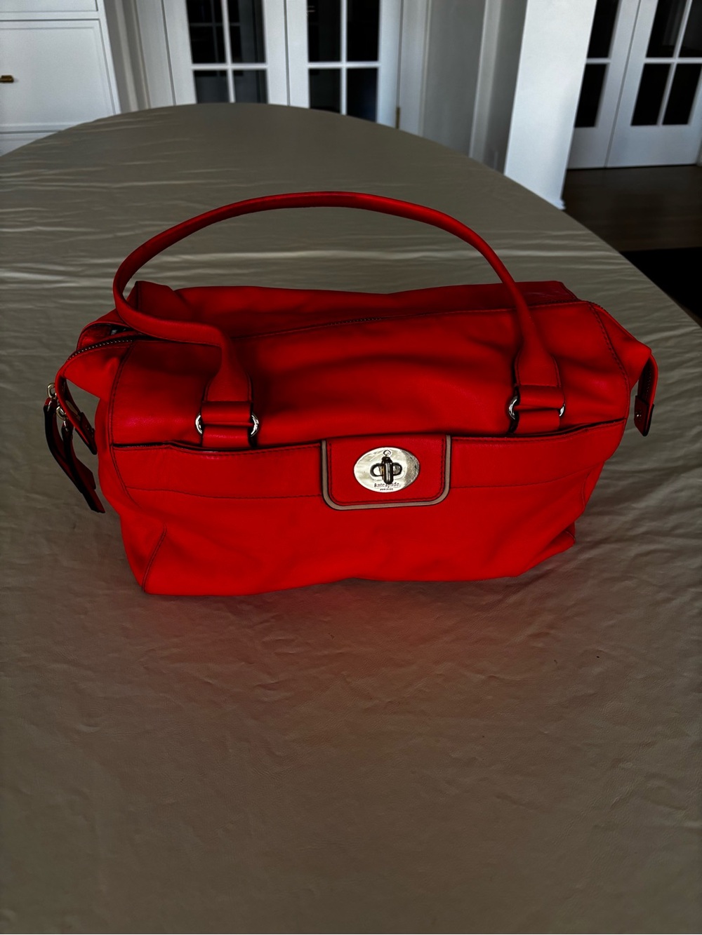 Kate Spade Red Orange Barrel Bag with Turn-Lock Detail